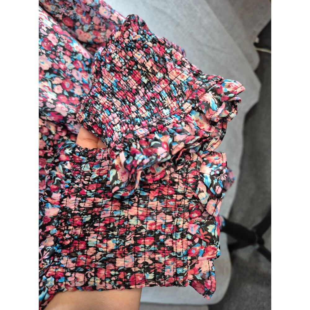 Buddy Love Floral Ruffle Neck Blouse Small Smocked Cuffs Sheer Long Sleeve Boho - Picture 7 of 9